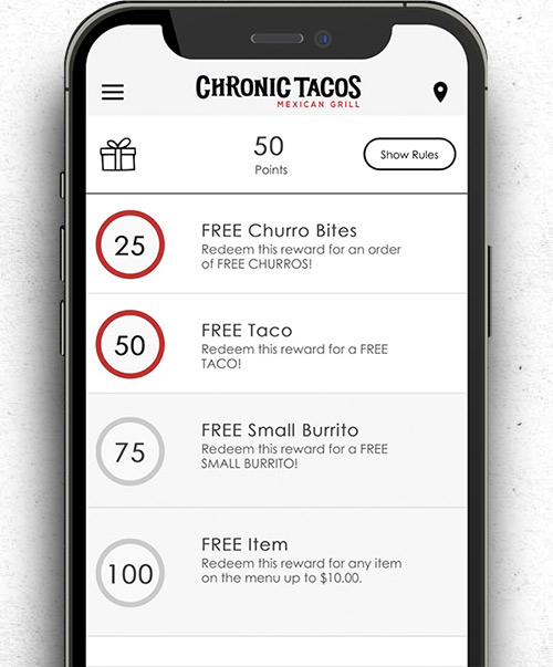 Chronic Tacos rewards points screen on mobile app