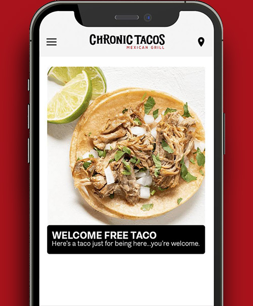 Chronic Tacos mobile app welcome screen with taco offer