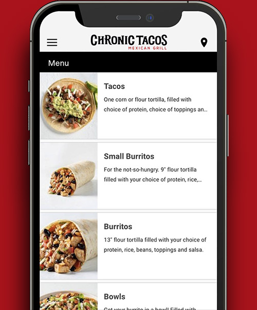 Chronic Tacos app menu screen for online taco ordering