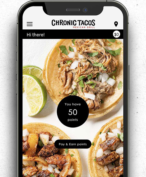 Chronic Tacos mobile app showing food ordering screen